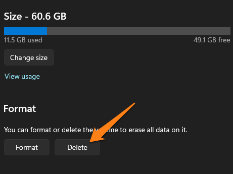 How to remove partition Windows 11 Click Delete