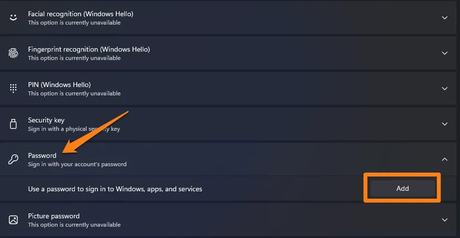 Click on Password and Add