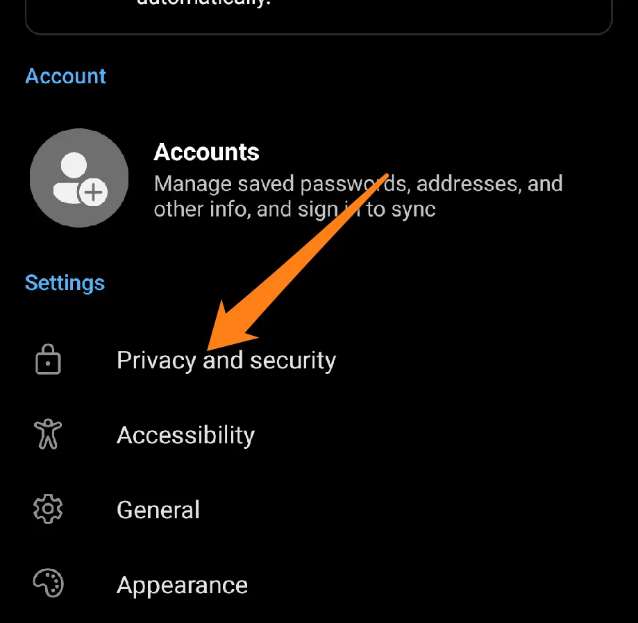 Click on Privacy and Security