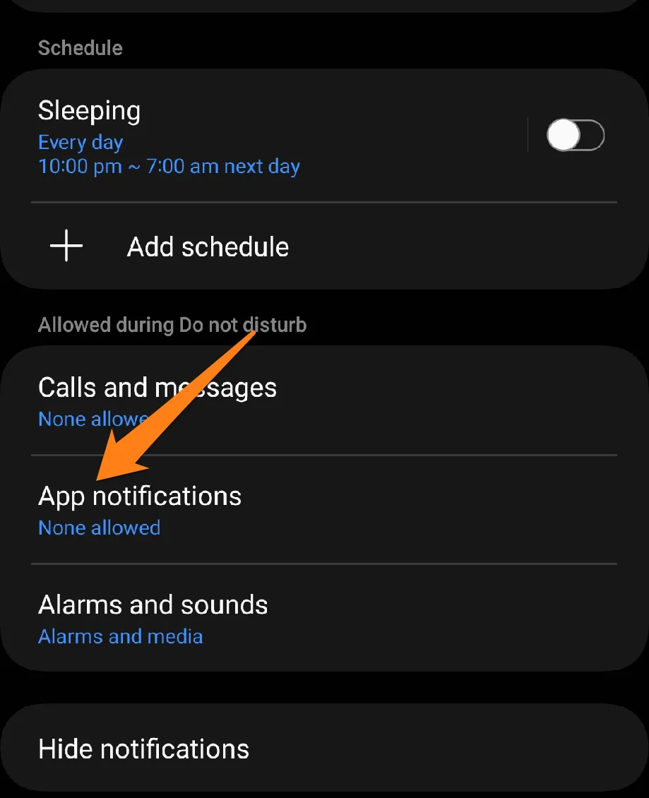 Click on App notifications How to set up Do Not Disturb on Samsung Galaxy