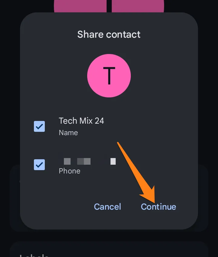 Click on Continue How to Share a Contact Over Text Message